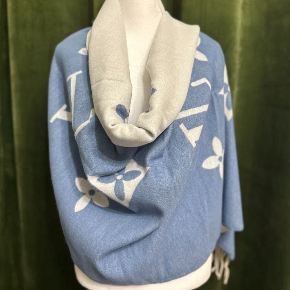 Women's Blue White Cashmere Scarf Luxurious Reversible Cape